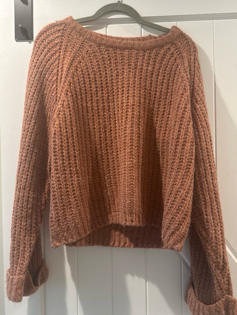 POL Textured Cropped Crew Sweater - Rust Brown
